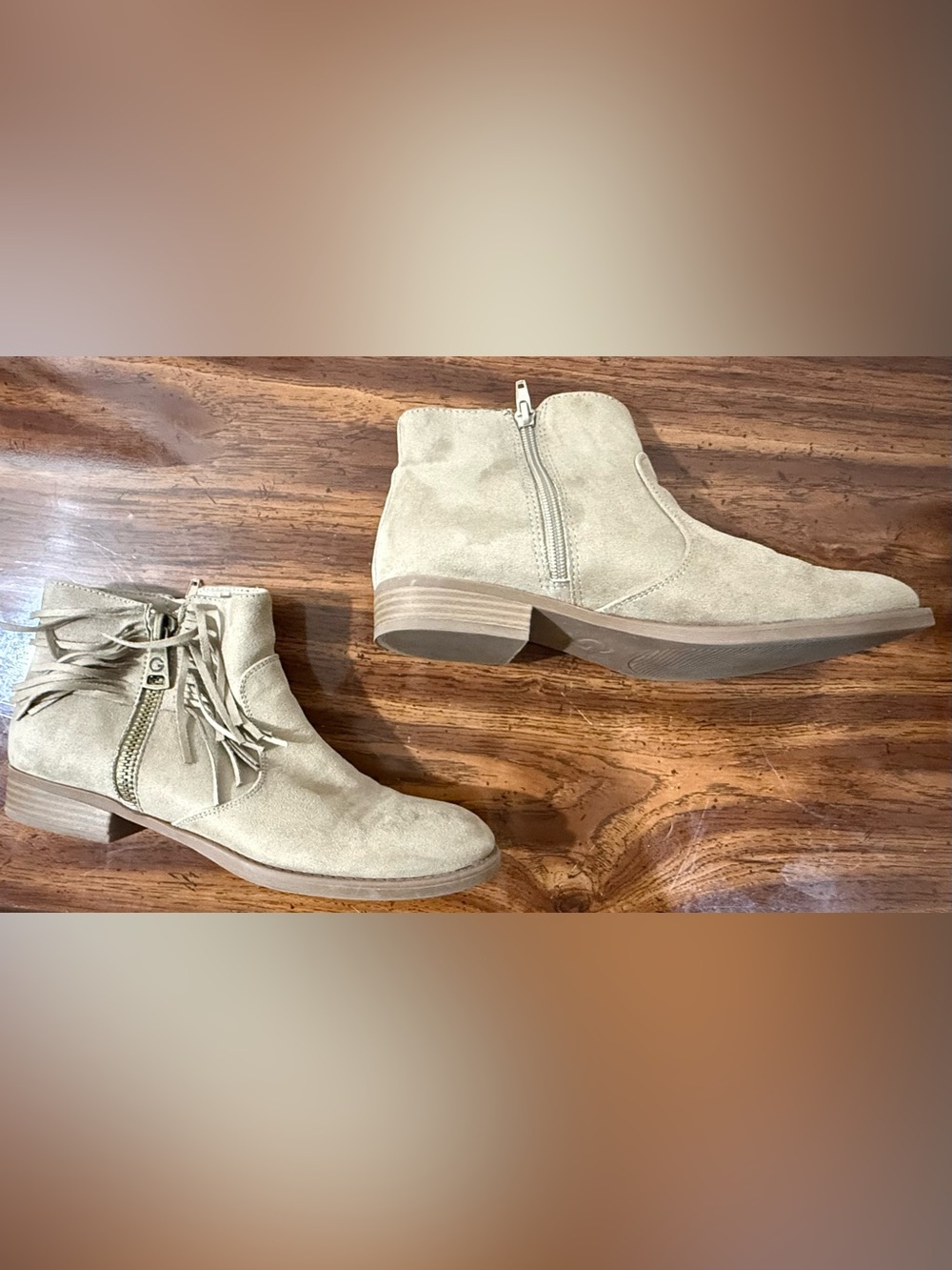 G by Guess Light Taupe Suede Fringe Ankle Booties